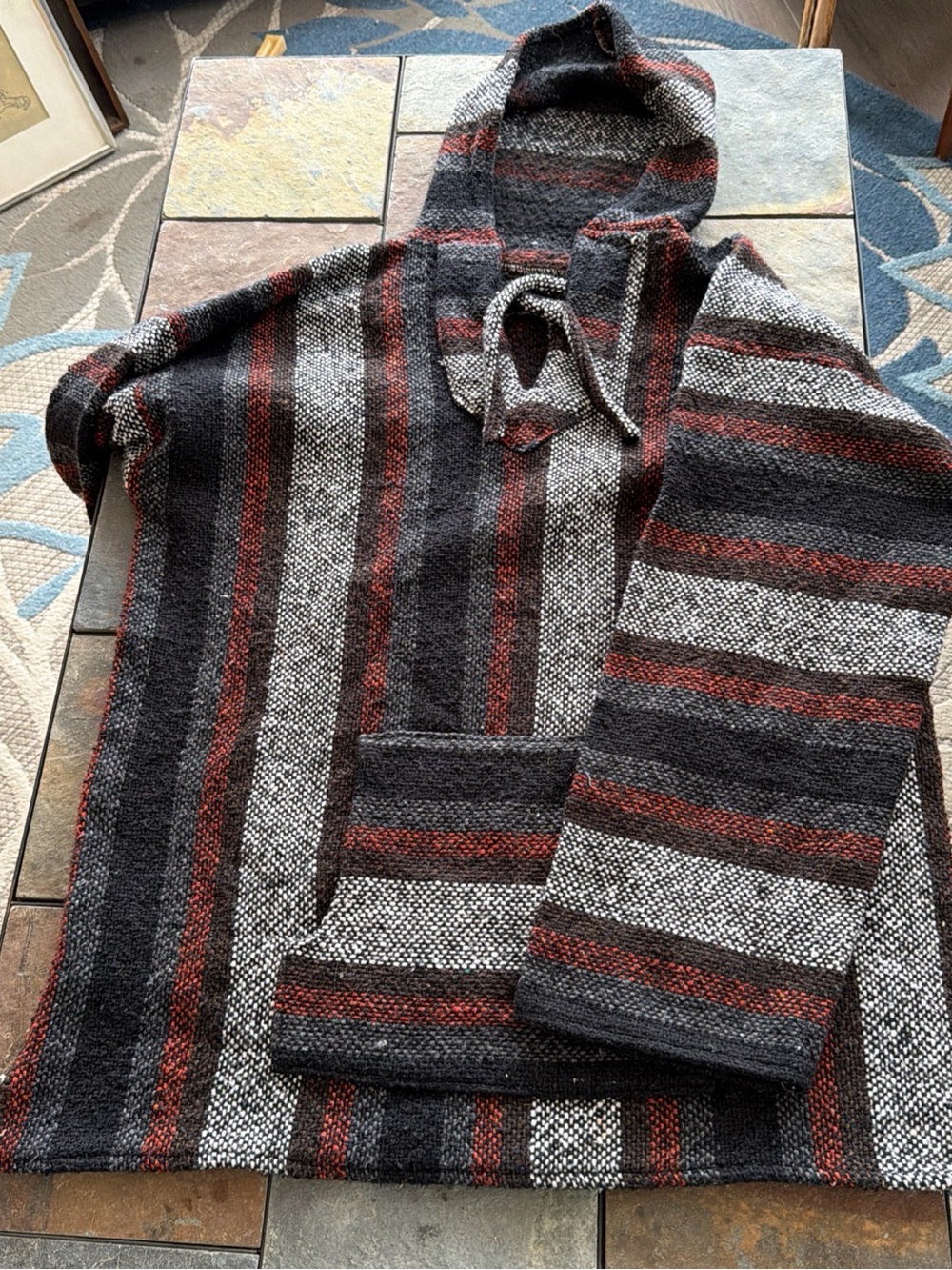 Vintage Striped Hooded Baja Hoodie-Poncho Hippie Size L